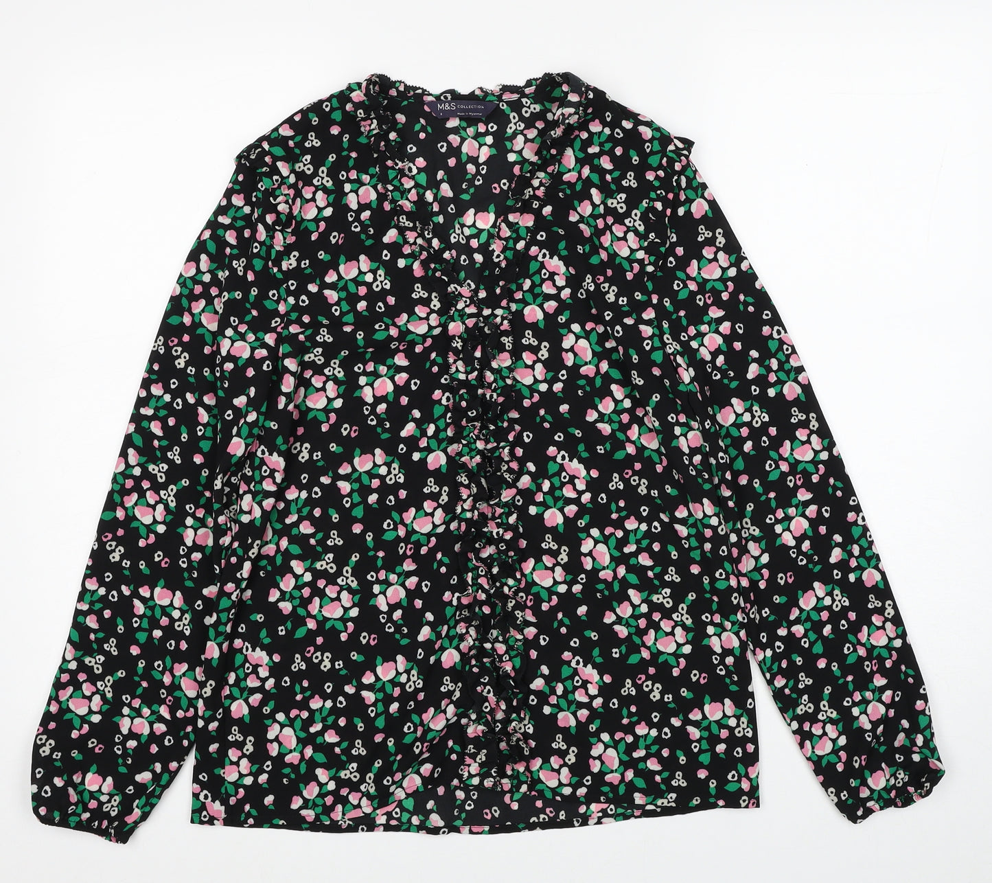 Marks and Spencer Womens Black Geometric Polyester Basic Blouse Size 8 V-Neck