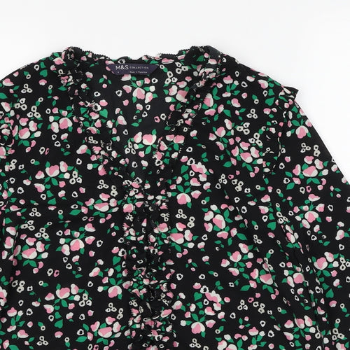 Marks and Spencer Womens Black Geometric Polyester Basic Blouse Size 8 V-Neck