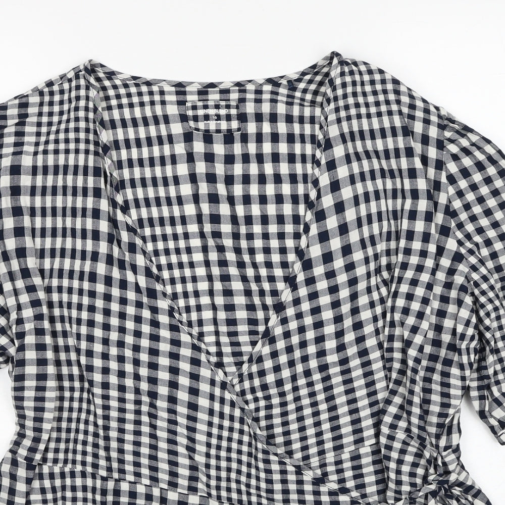 Marks and Spencer Womens Blue Check Viscose Wrap Blouse Size 16 V-Neck