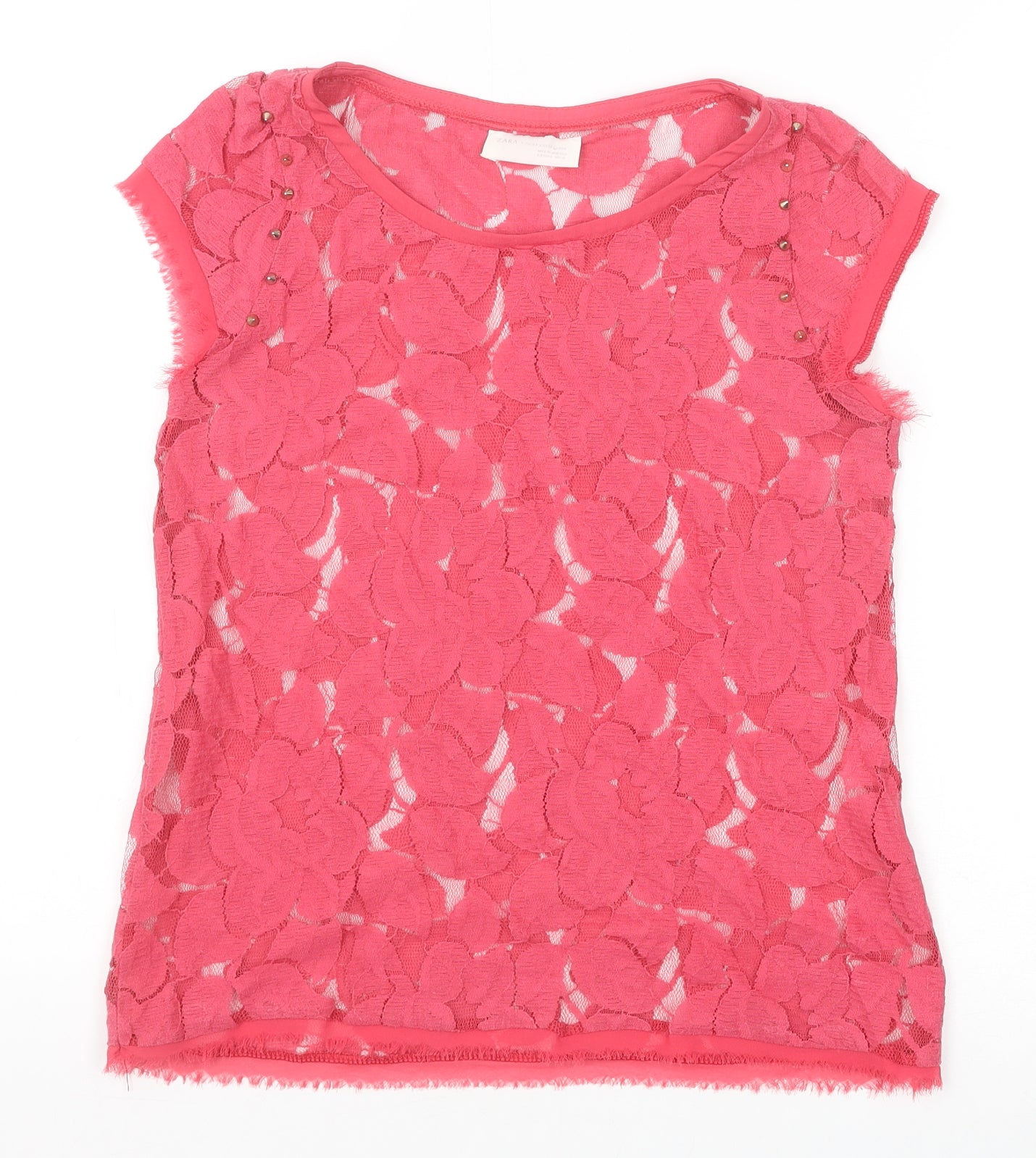 Zara Womens Pink Floral Polyester Basic T-Shirt Size S Boat Neck