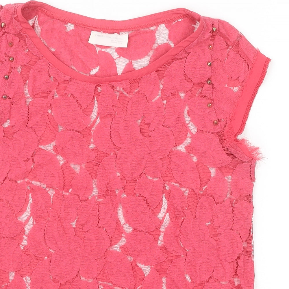 Zara Womens Pink Floral Polyester Basic T-Shirt Size S Boat Neck
