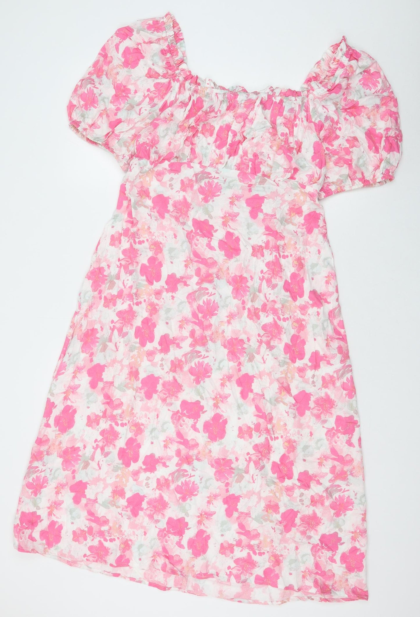 Primark Womens Pink Floral Viscose A-Line Size 14 Off the Shoulder Pullover - Shirred Back