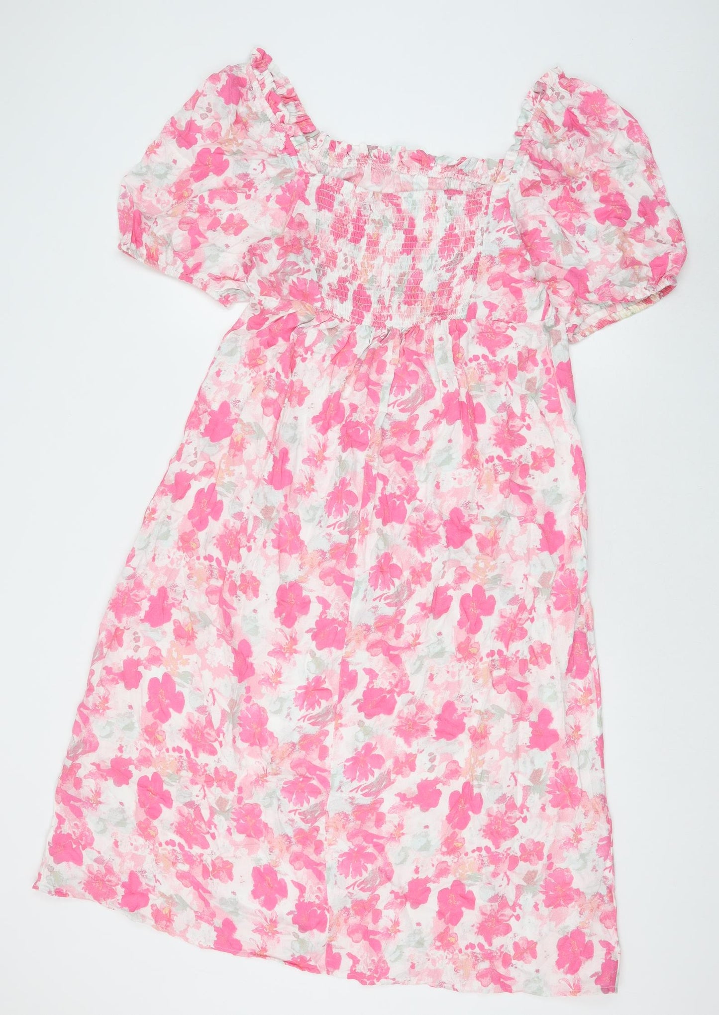 Primark Womens Pink Floral Viscose A-Line Size 14 Off the Shoulder Pullover - Shirred Back