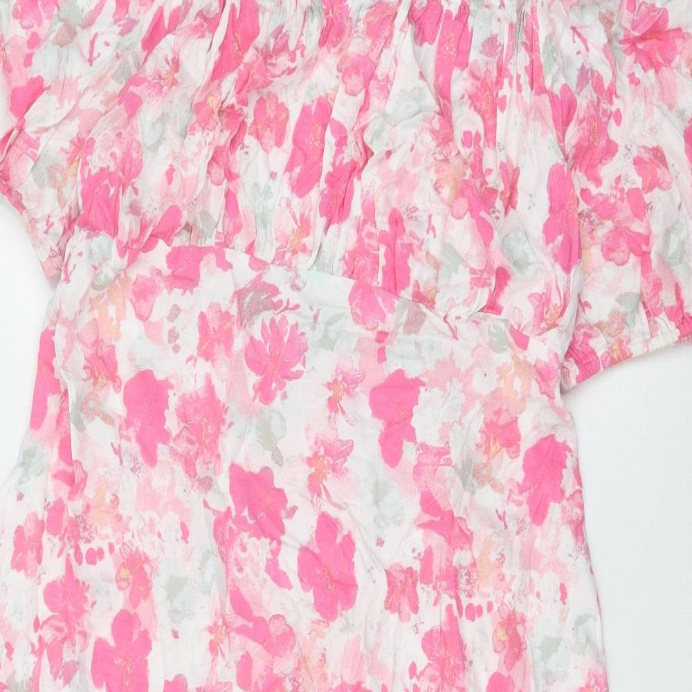 Primark Womens Pink Floral Viscose A-Line Size 14 Off the Shoulder Pullover - Shirred Back