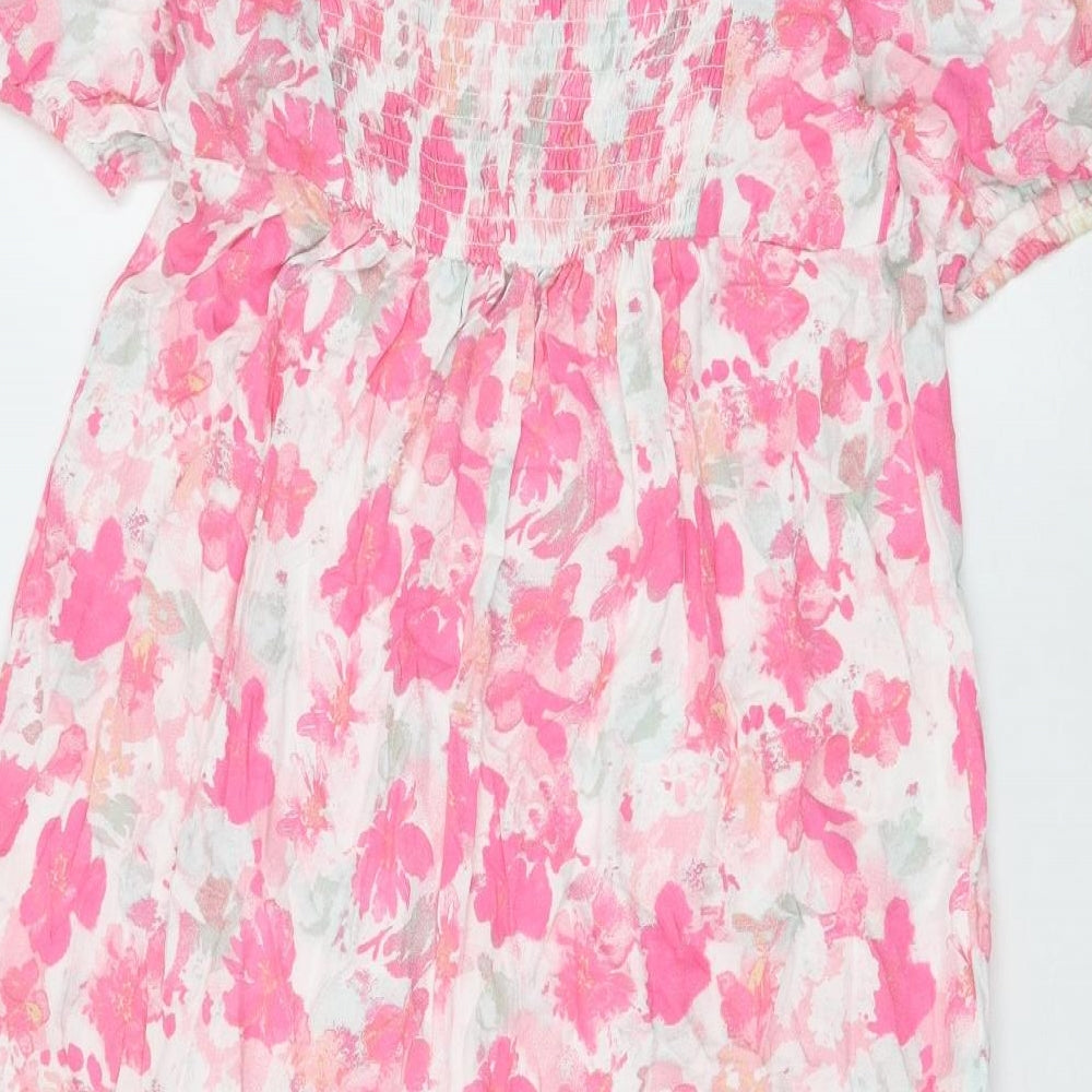 Primark Womens Pink Floral Viscose A-Line Size 14 Off the Shoulder Pullover - Shirred Back