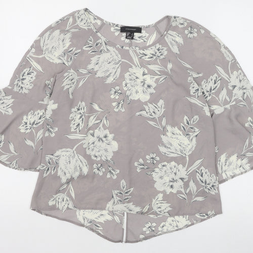 Primark Womens Grey Floral Polyester Basic Blouse Size 8 Boat Neck - Flute Sleeve