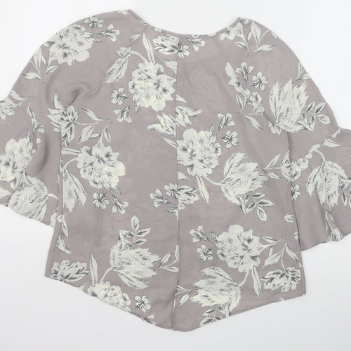 Primark Womens Grey Floral Polyester Basic Blouse Size 8 Boat Neck - Flute Sleeve