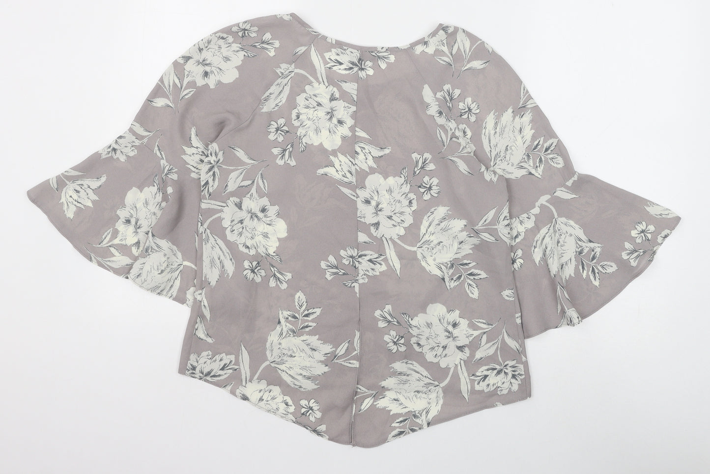 Primark Womens Grey Floral Polyester Basic Blouse Size 8 Boat Neck - Flute Sleeve