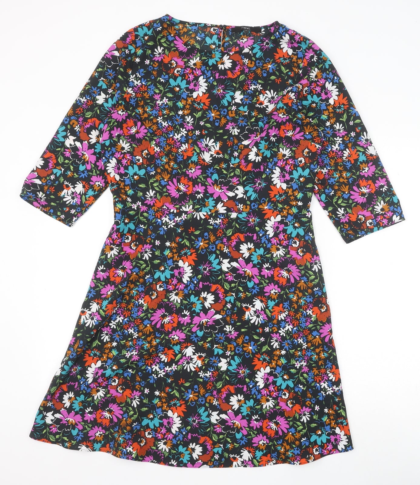 NEXT Womens Black Floral Polyester A-Line Size 14 Boat Neck Button