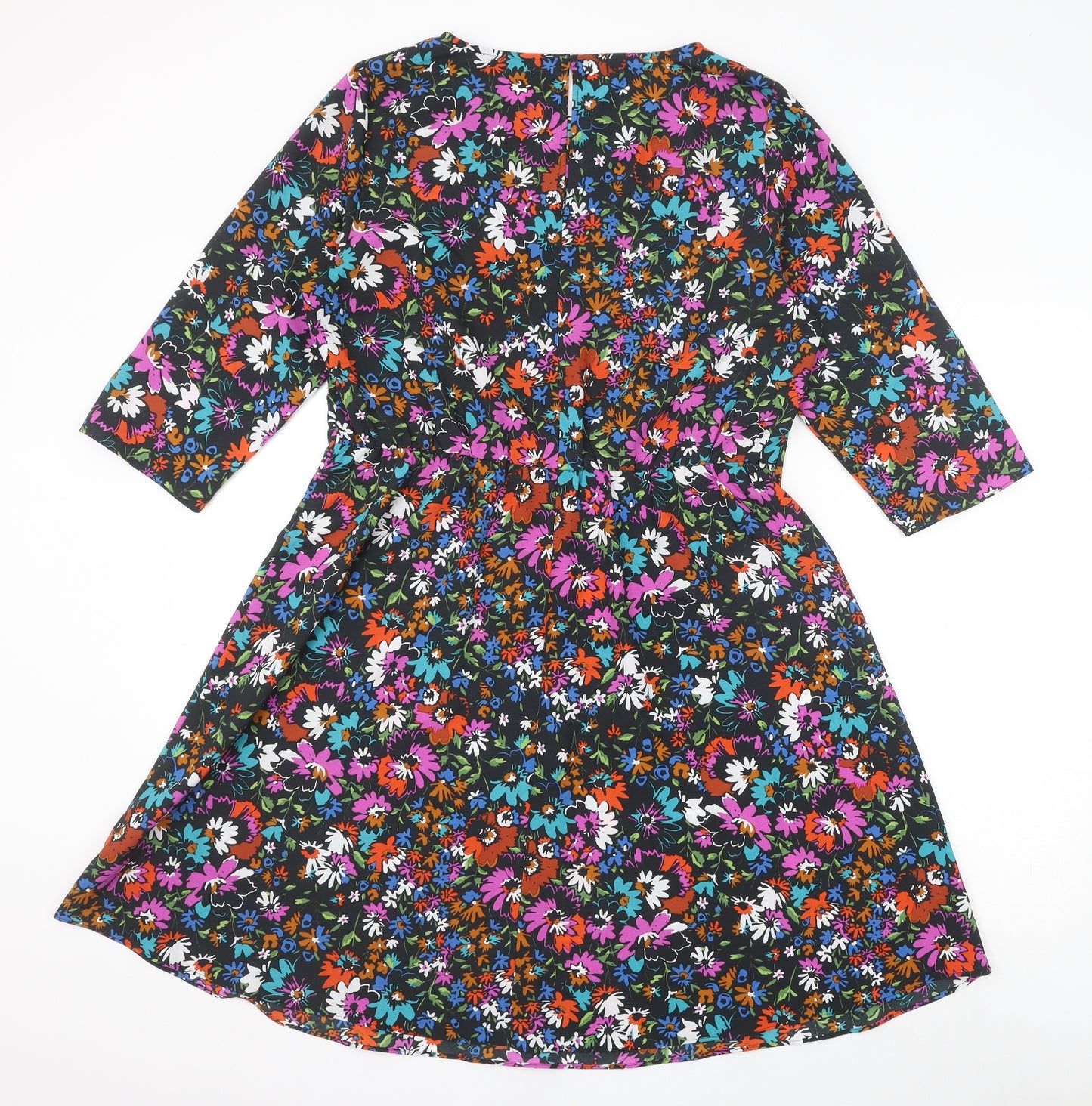 NEXT Womens Black Floral Polyester A-Line Size 14 Boat Neck Button