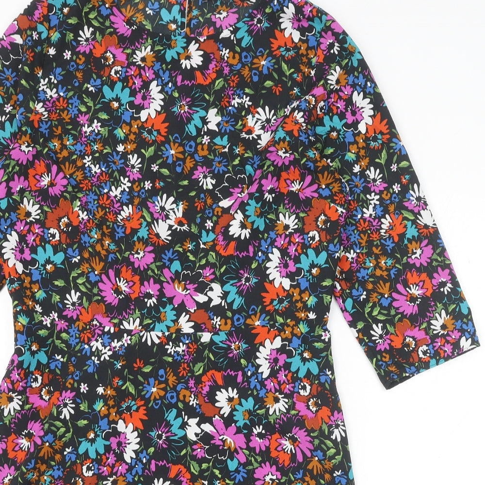 NEXT Womens Black Floral Polyester A-Line Size 14 Boat Neck Button