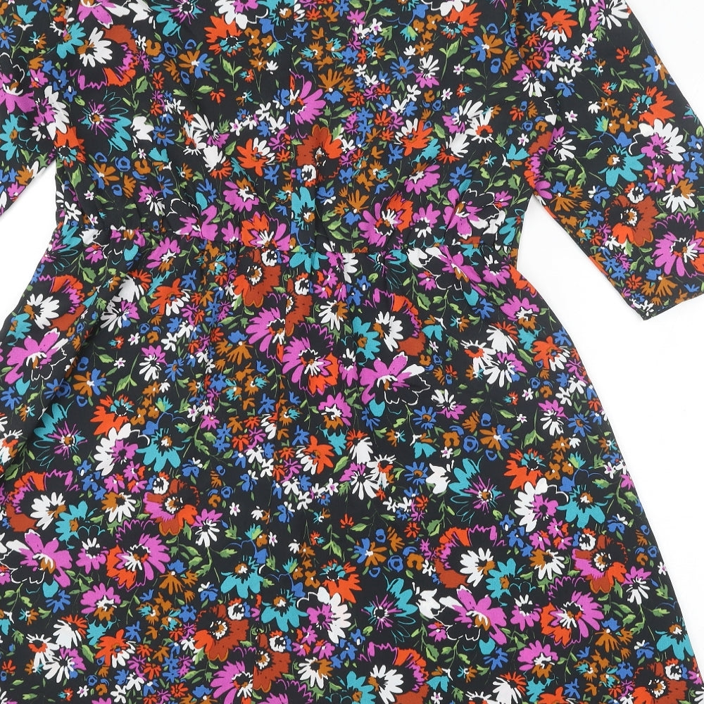 NEXT Womens Black Floral Polyester A-Line Size 14 Boat Neck Button