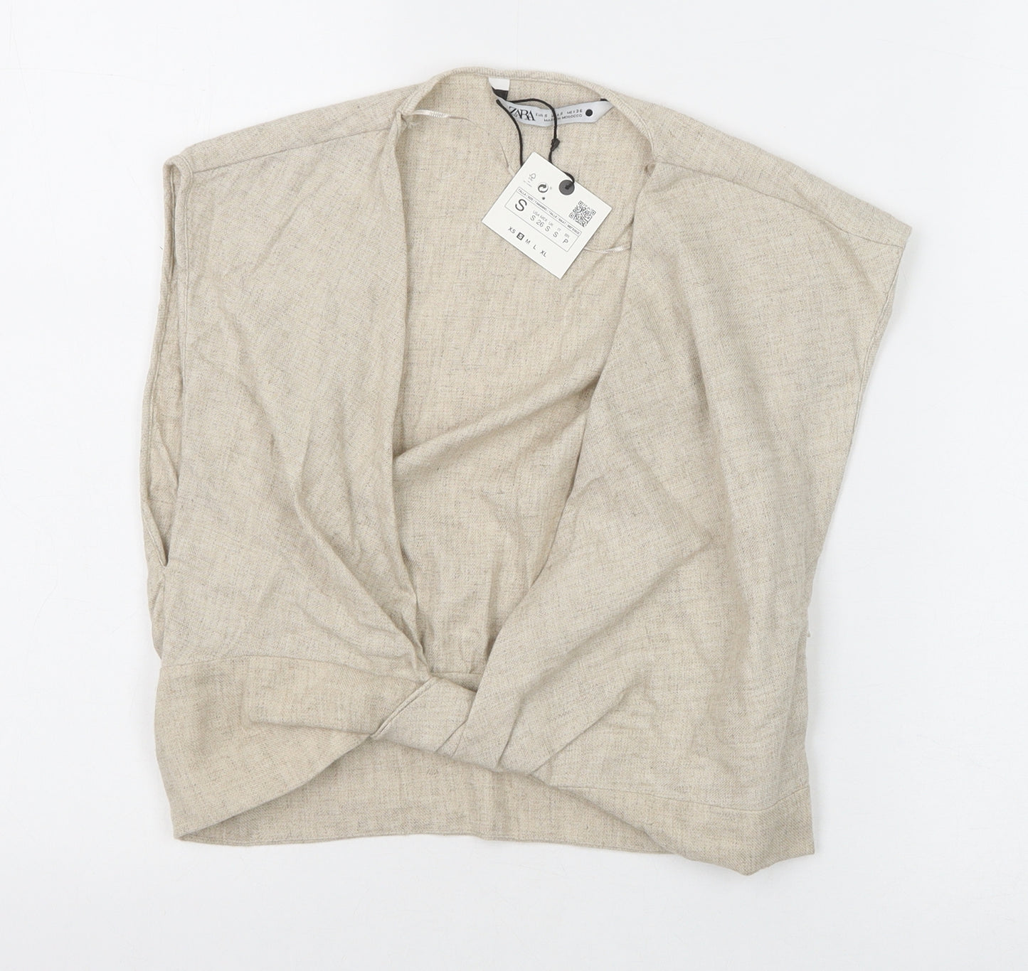 Zara Womens Beige Polyester Cropped Blouse Size S V-Neck - Knot Front