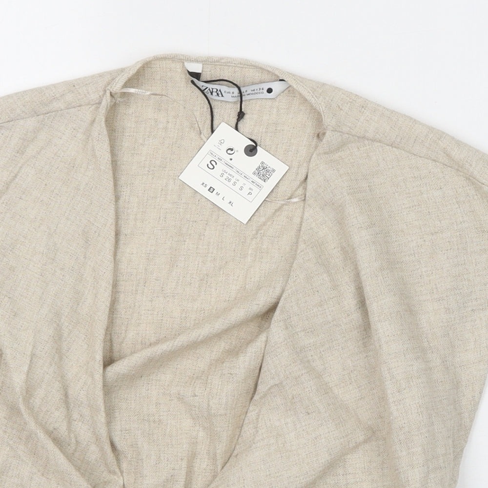 Zara Womens Beige Polyester Cropped Blouse Size S V-Neck - Knot Front