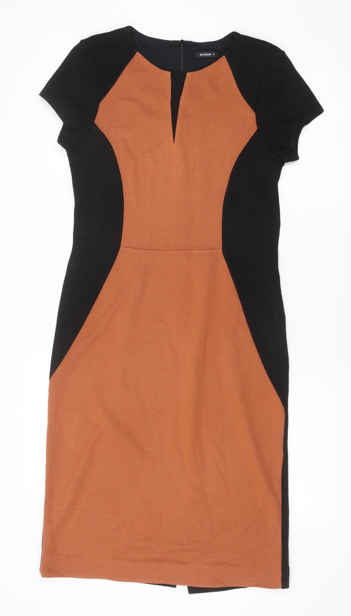 Roman Womens Black Colourblock Acrylic Pencil Dress Size 10 Round Neck Zip