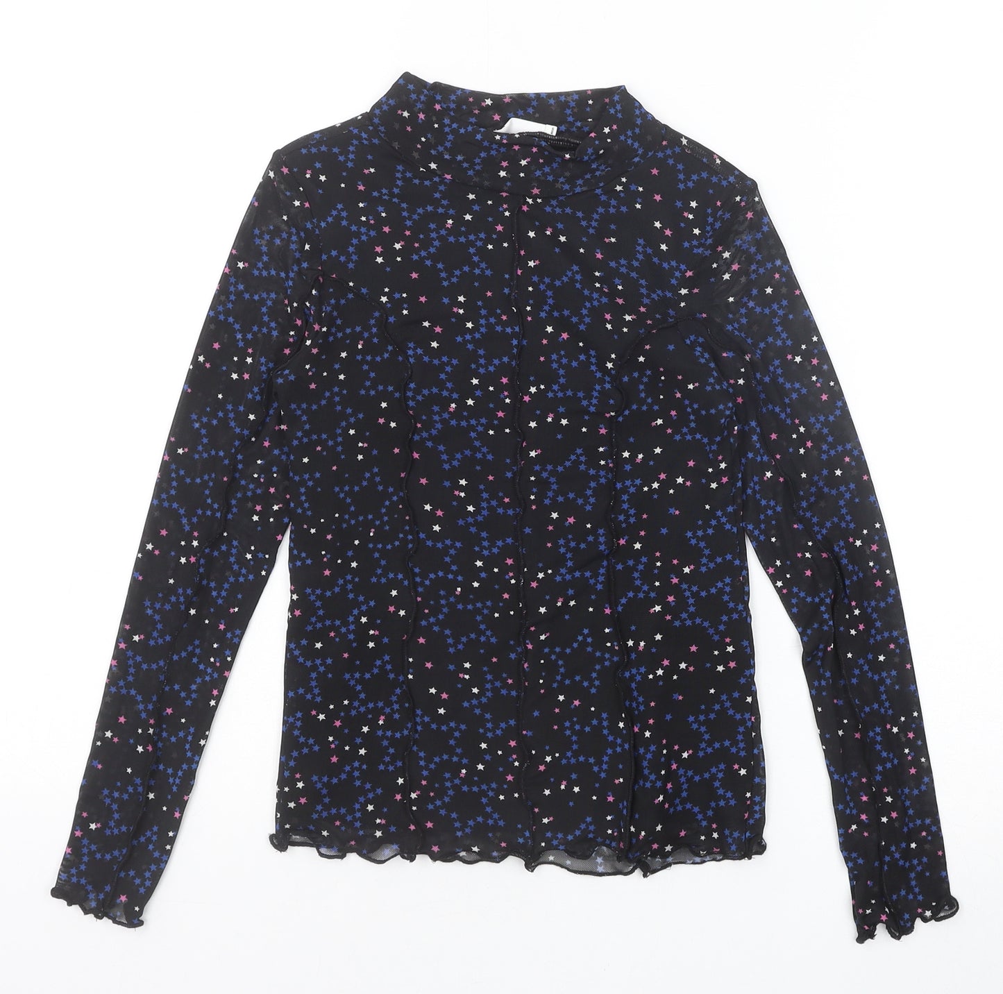 Marks and Spencer Girls Black Geometric Polyester Basic Blouse Size 9-10 Years Mock Neck Pullover - Stars
