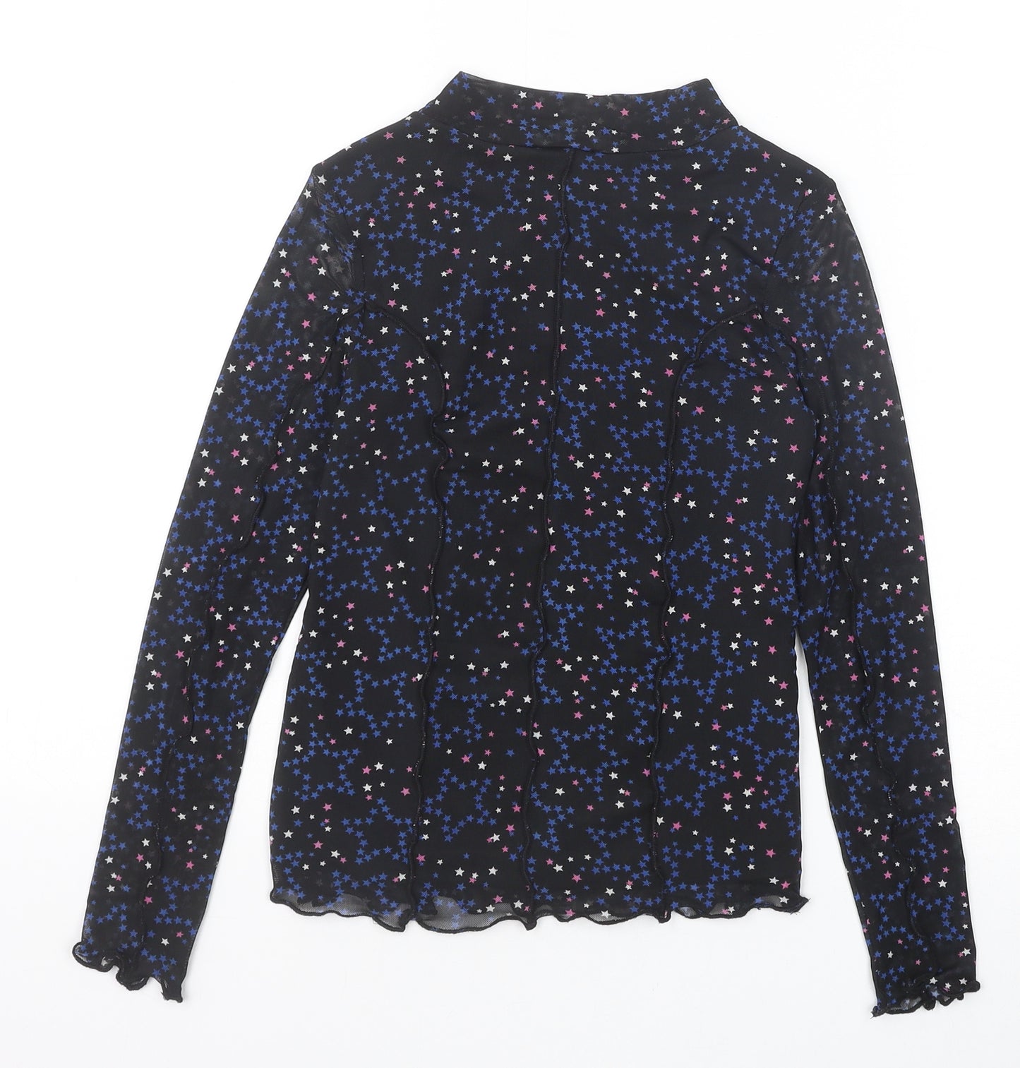 Marks and Spencer Girls Black Geometric Polyester Basic Blouse Size 9-10 Years Mock Neck Pullover - Stars