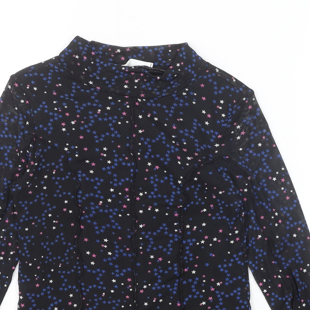 Marks and Spencer Girls Black Geometric Polyester Basic Blouse Size 9-10 Years Mock Neck Pullover - Stars