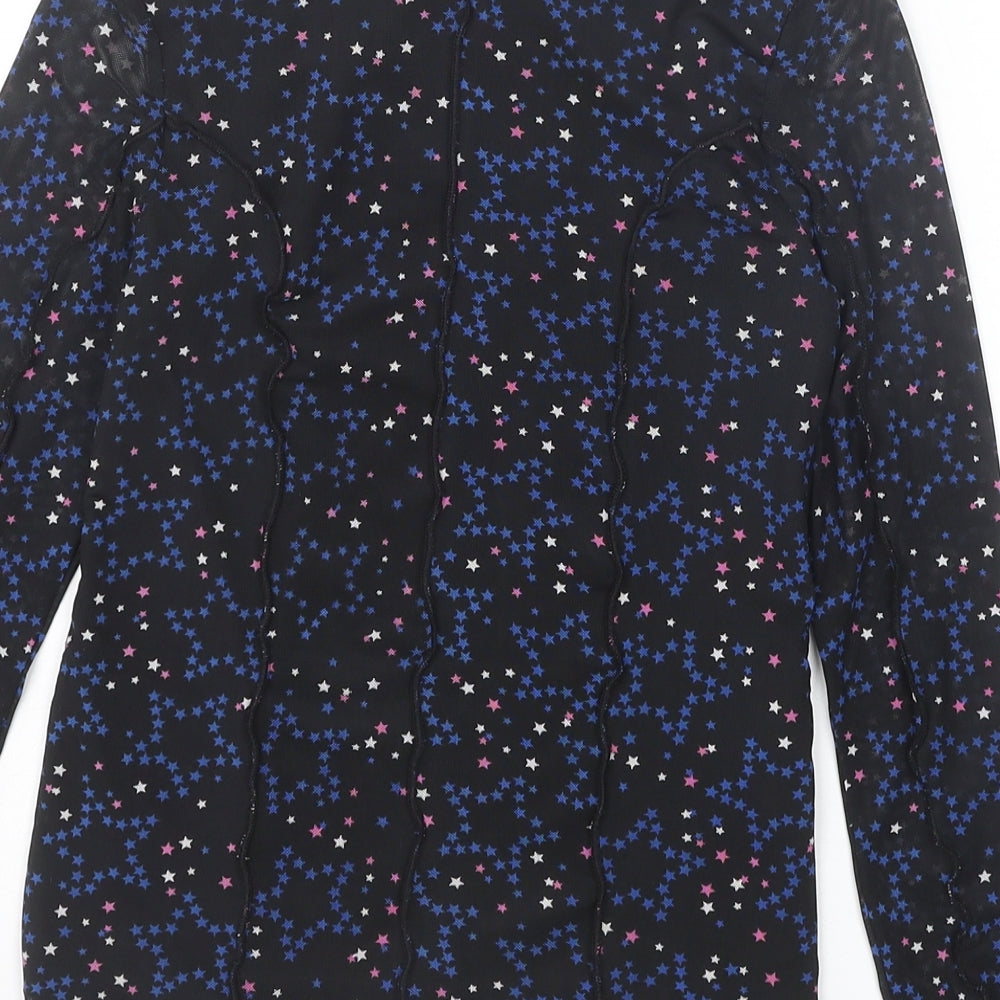 Marks and Spencer Girls Black Geometric Polyester Basic Blouse Size 9-10 Years Mock Neck Pullover - Stars
