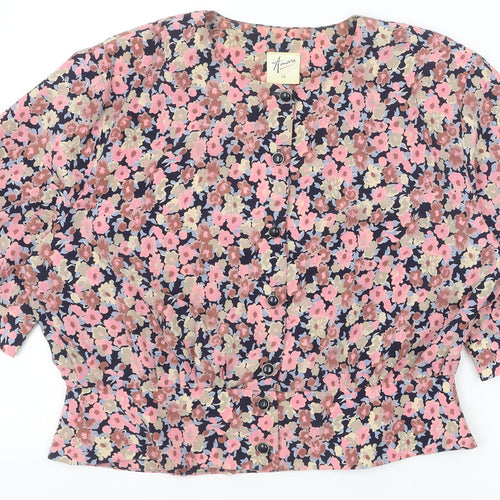Littlewoods Womens Pink Floral Polyester Cropped Button-Up Size 18 Scoop Neck