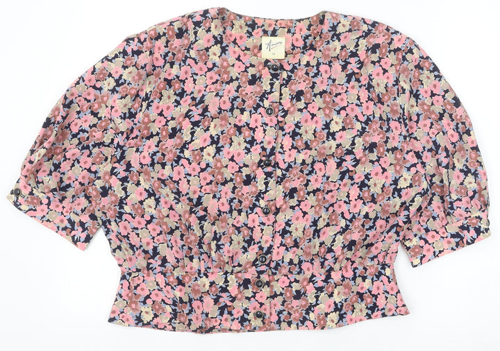 Littlewoods Womens Pink Floral Polyester Cropped Button-Up Size 18 Scoop Neck