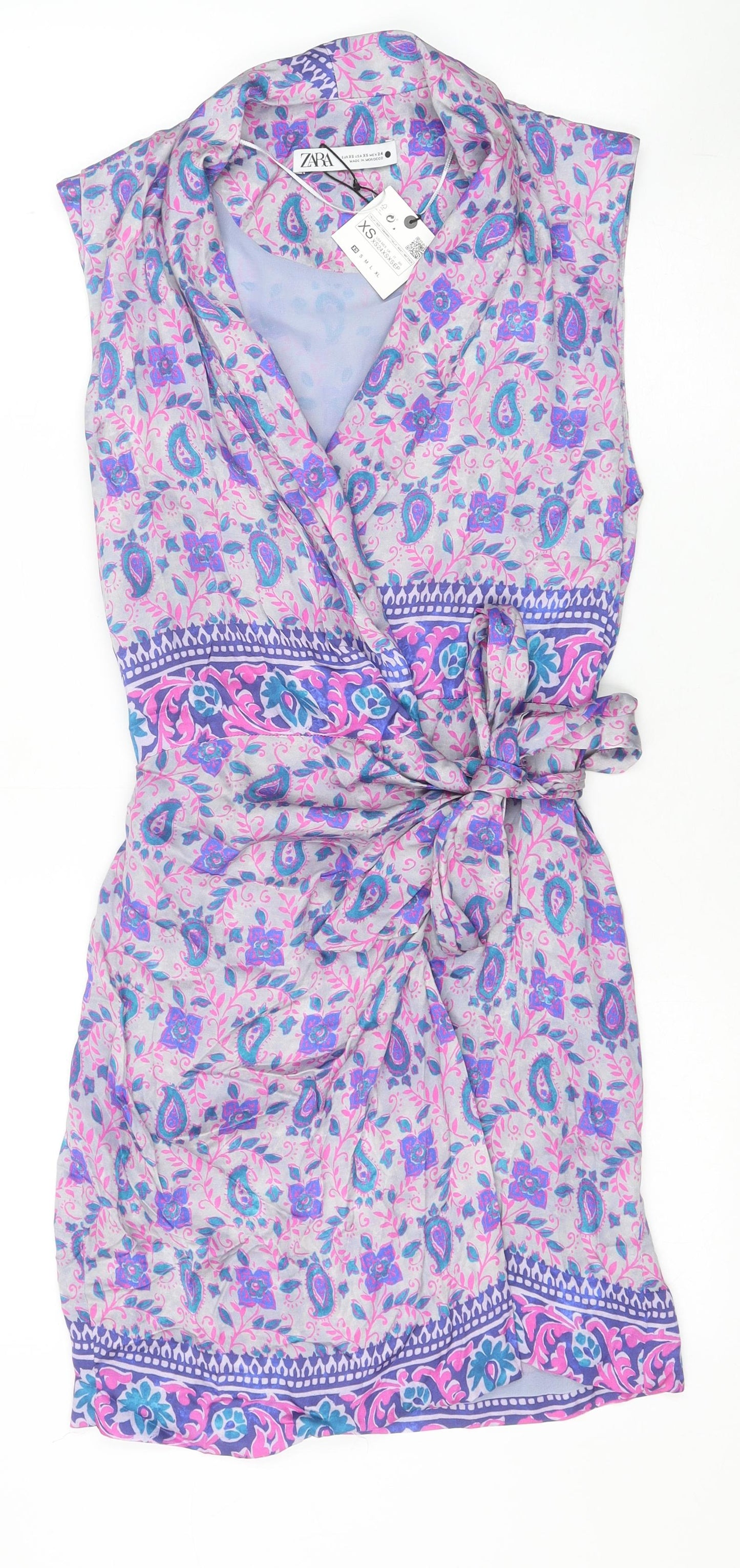 Zara Womens Grey Paisley Polyester Wrap Dress Size XS V-Neck Tie