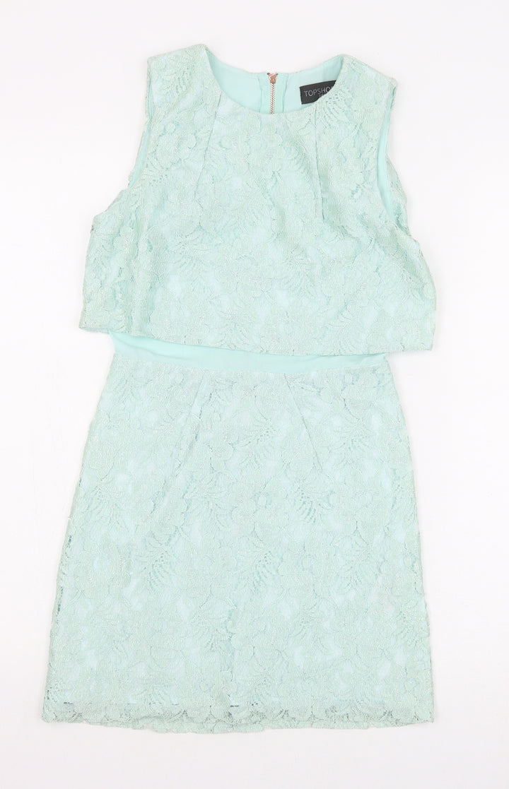 Topshop Womens Green Polyester Mini Size 4 Boat Neck Zip