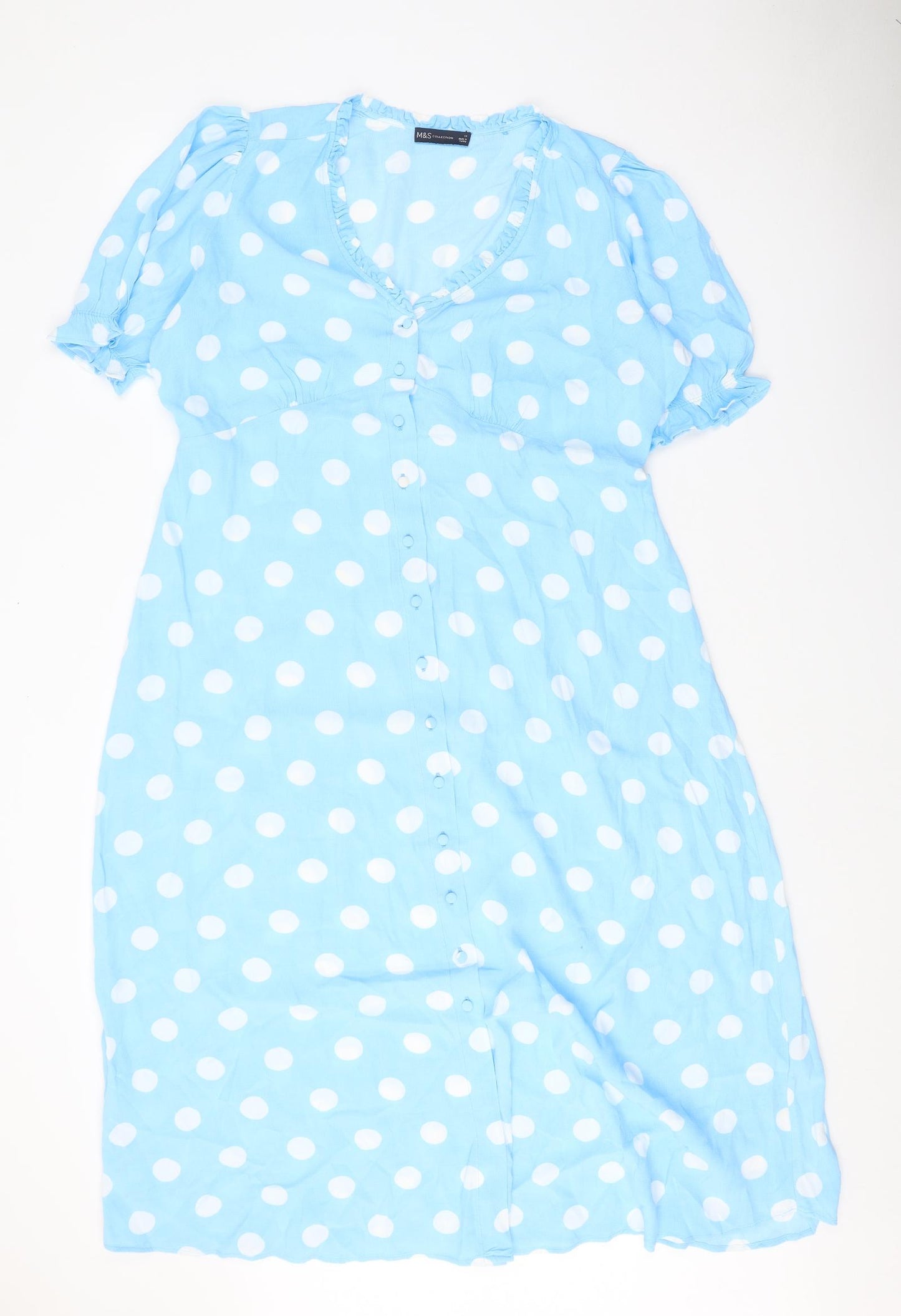 Marks and Spencer Womens Blue Polka Dot Viscose A-Line Size 14 V-Neck Button