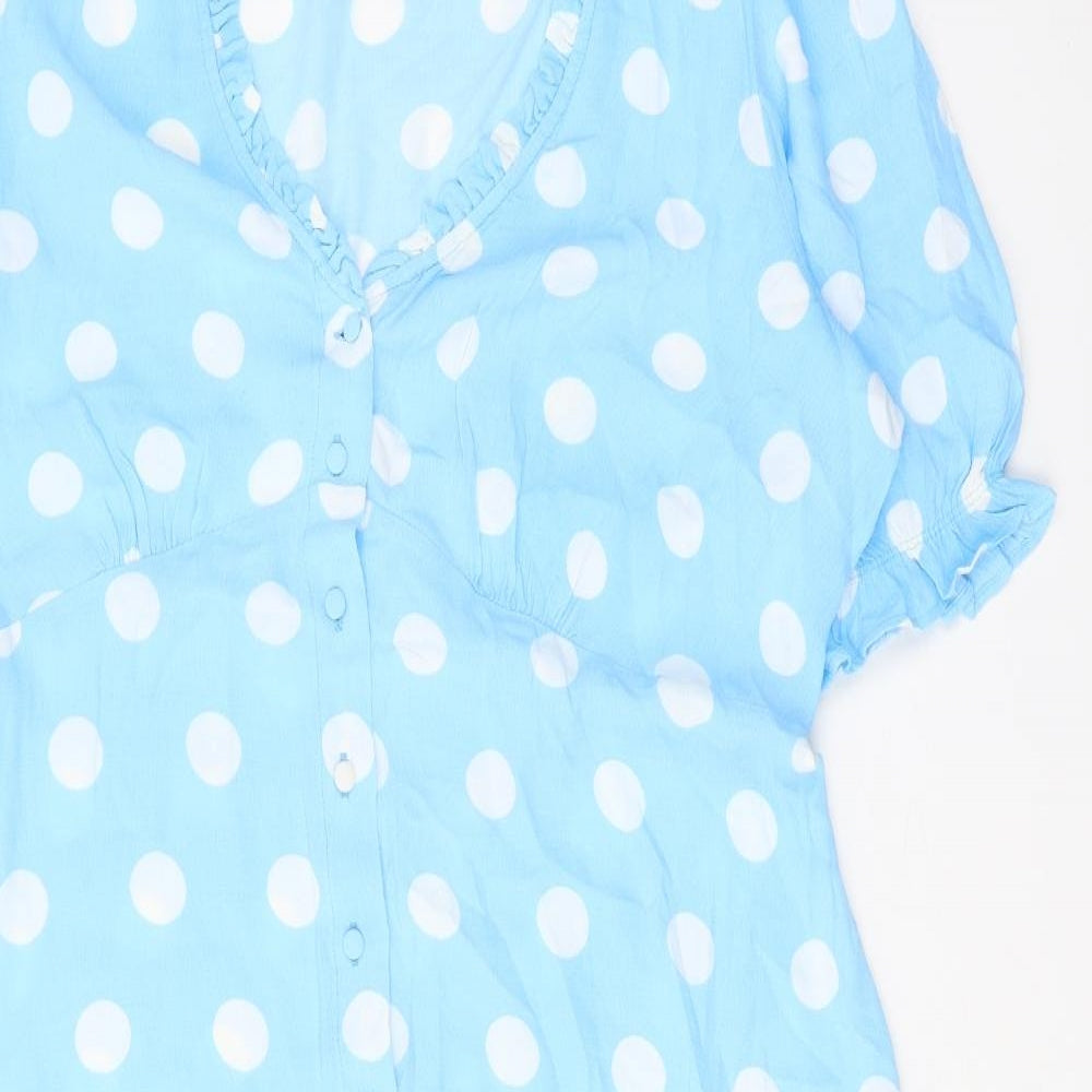 Marks and Spencer Womens Blue Polka Dot Viscose A-Line Size 14 V-Neck Button