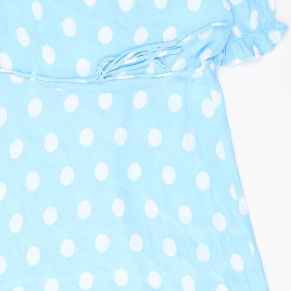 Marks and Spencer Womens Blue Polka Dot Viscose A-Line Size 14 V-Neck Button