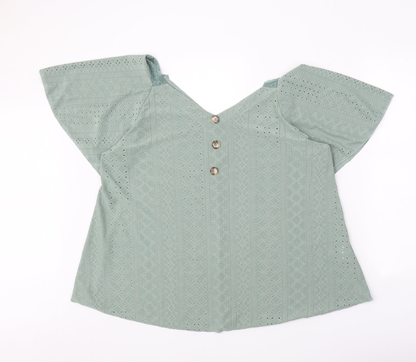 SheIn Womens Green Geometric Polyester Basic T-Shirt Size 2XL V-Neck - Lace Sleeve Detail