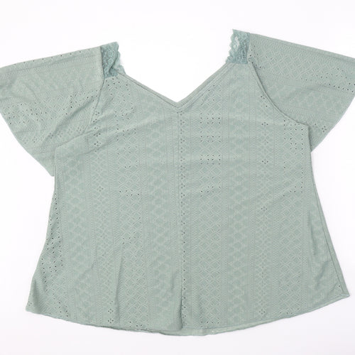 SheIn Womens Green Geometric Polyester Basic T-Shirt Size 2XL V-Neck - Lace Sleeve Detail