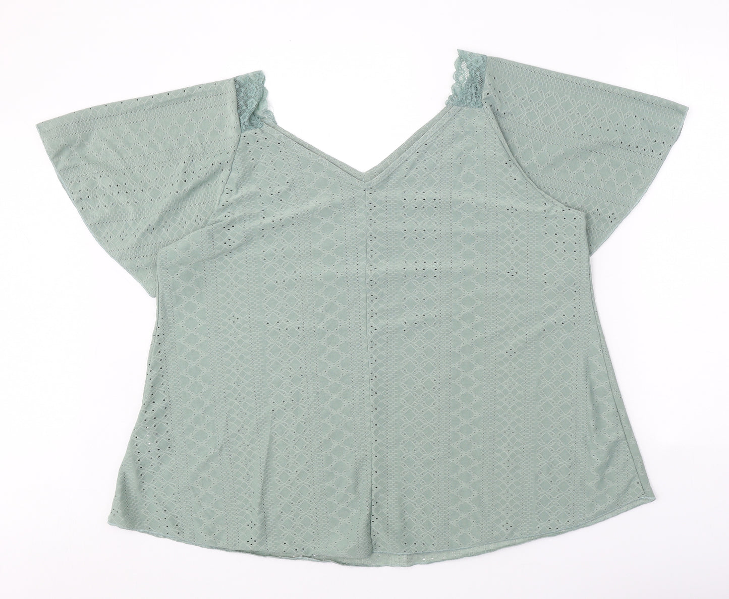 SheIn Womens Green Geometric Polyester Basic T-Shirt Size 2XL V-Neck - Lace Sleeve Detail