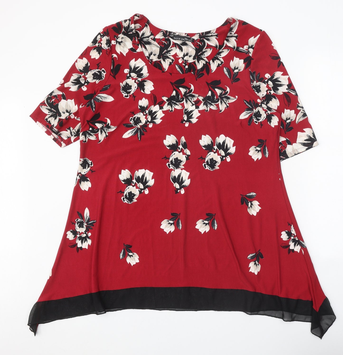 David Emanuel Womens Red Floral Polyester Tunic Blouse Size 20 Scoop Neck - Hanky Hem