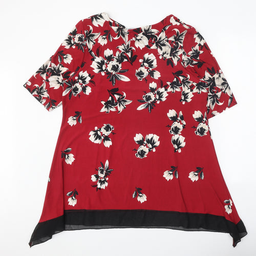 David Emanuel Womens Red Floral Polyester Tunic Blouse Size 20 Scoop Neck - Hanky Hem