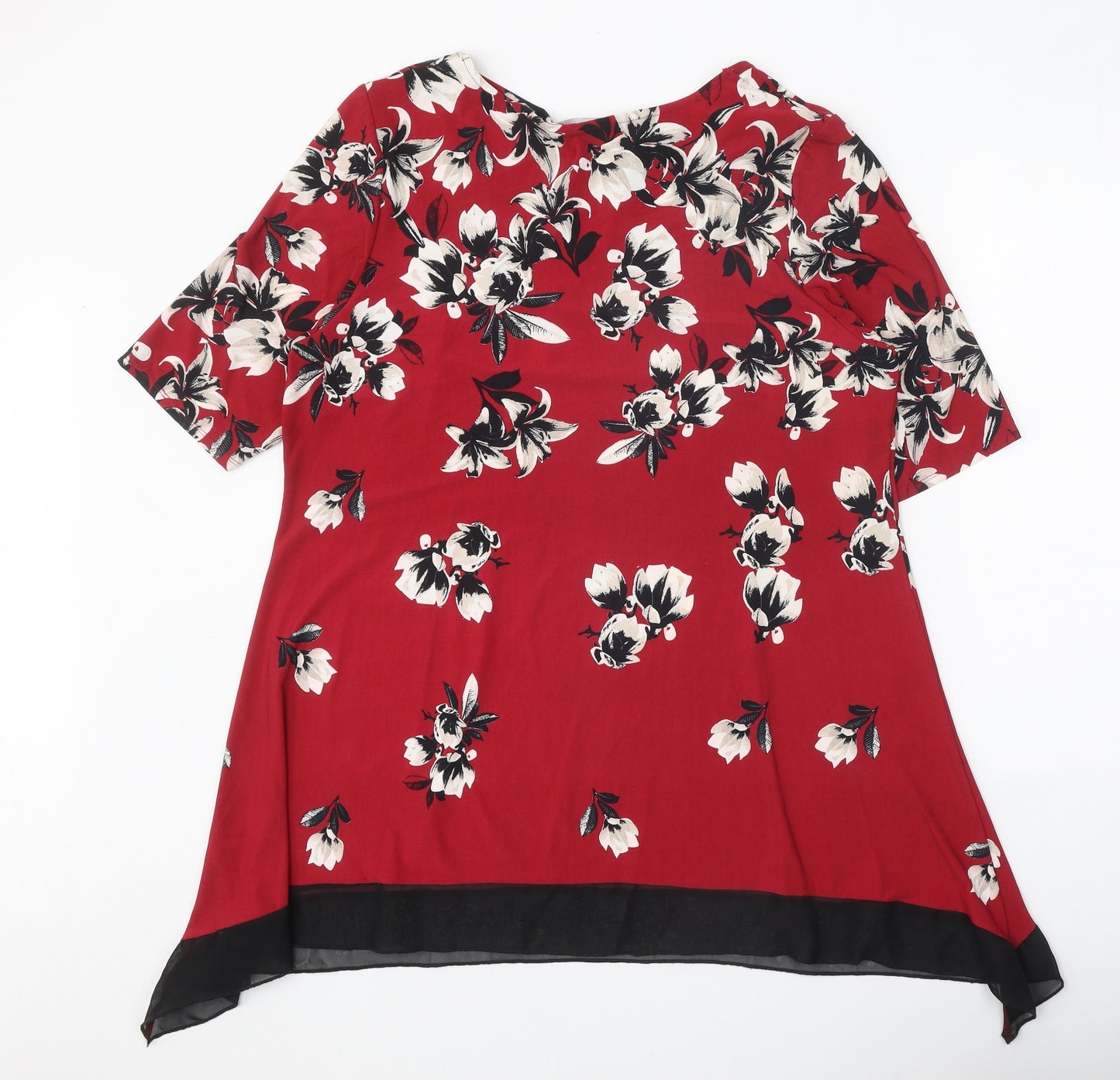 David Emanuel Womens Red Floral Polyester Tunic Blouse Size 20 Scoop Neck - Hanky Hem