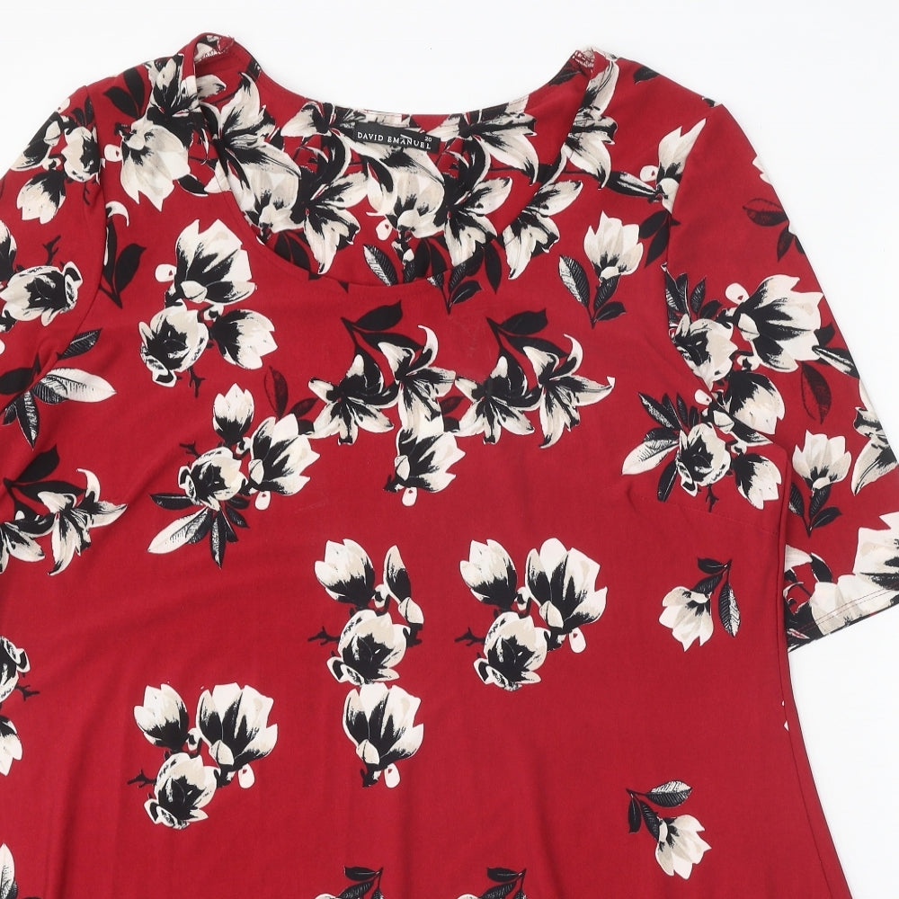 David Emanuel Womens Red Floral Polyester Tunic Blouse Size 20 Scoop Neck - Hanky Hem