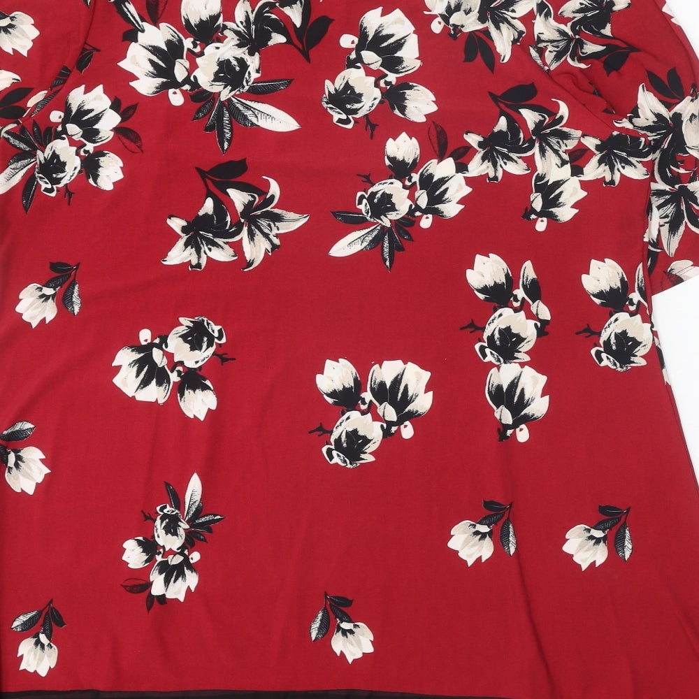 David Emanuel Womens Red Floral Polyester Tunic Blouse Size 20 Scoop Neck - Hanky Hem