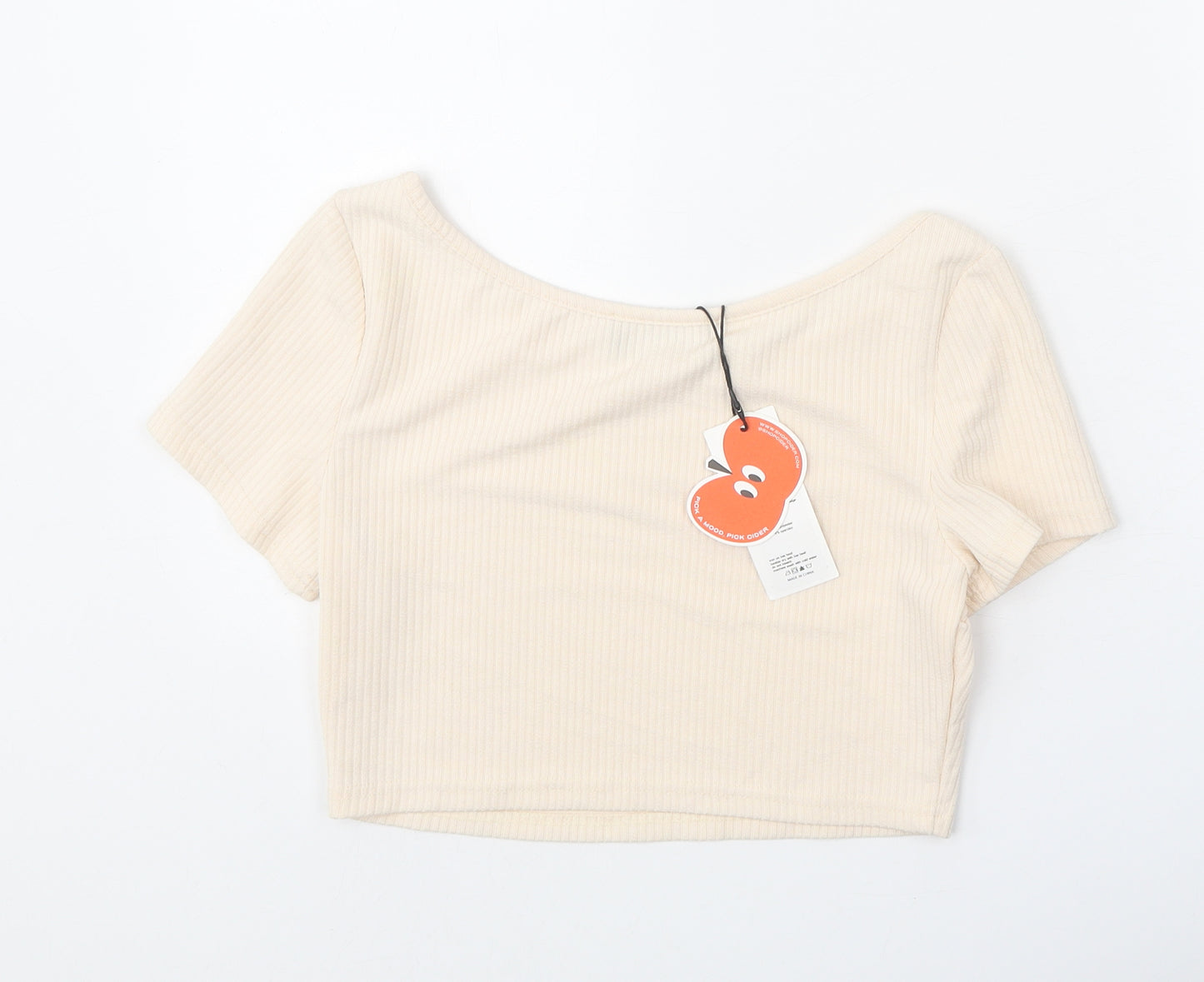 Cider Womens Beige Polyester Cropped T-Shirt Size M Boat Neck