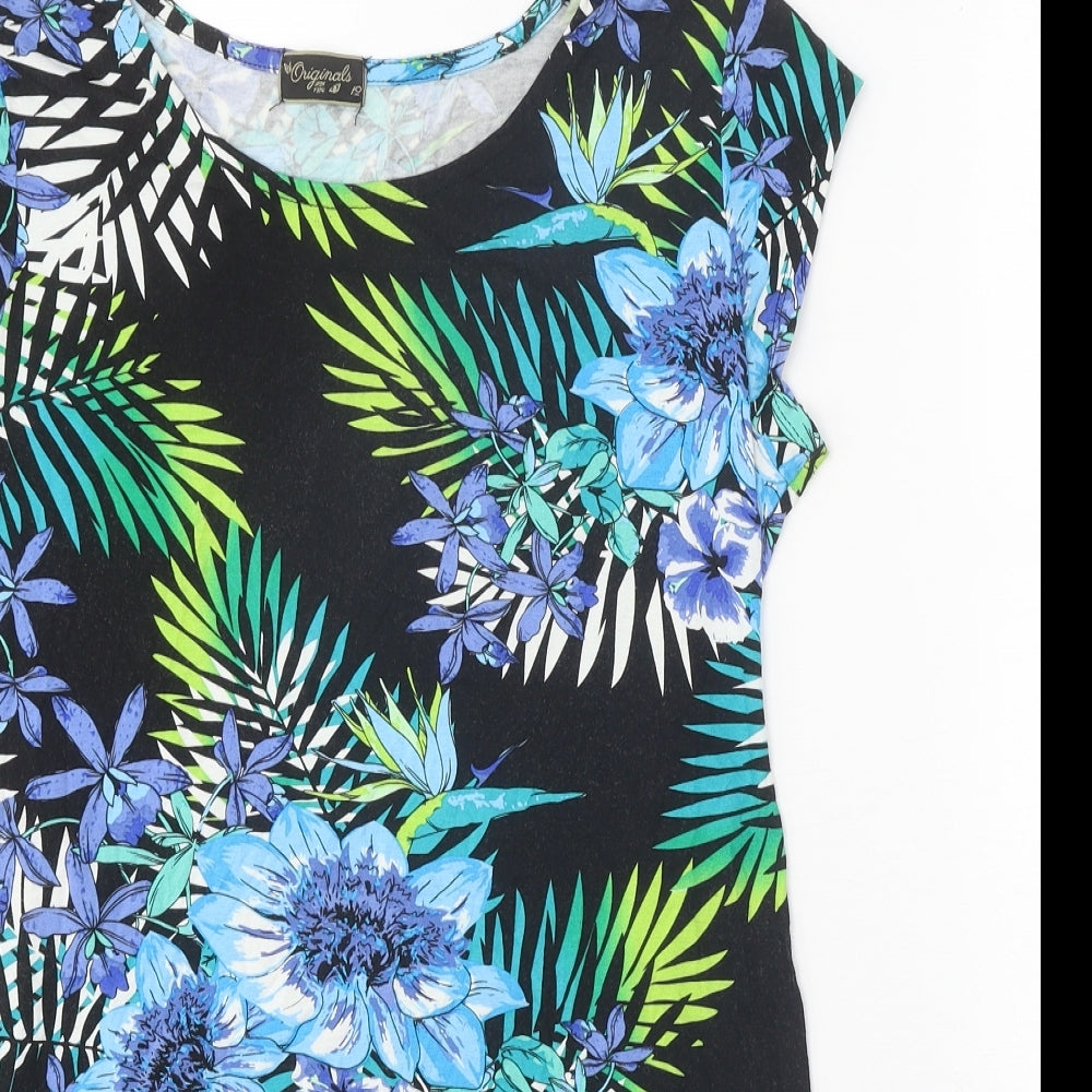 Originals Womens Black Floral Viscose Tunic T-Shirt Size 12 Boat Neck