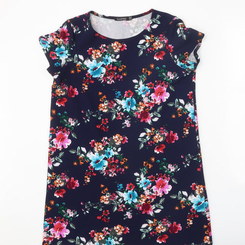 Boohoo Womens Blue Floral Polyester T-Shirt Dress Size 12 Boat Neck Pullover