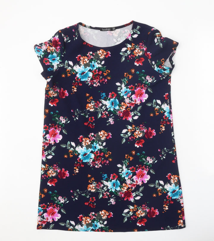 Boohoo Womens Blue Floral Polyester T-Shirt Dress Size 12 Boat Neck Pullover