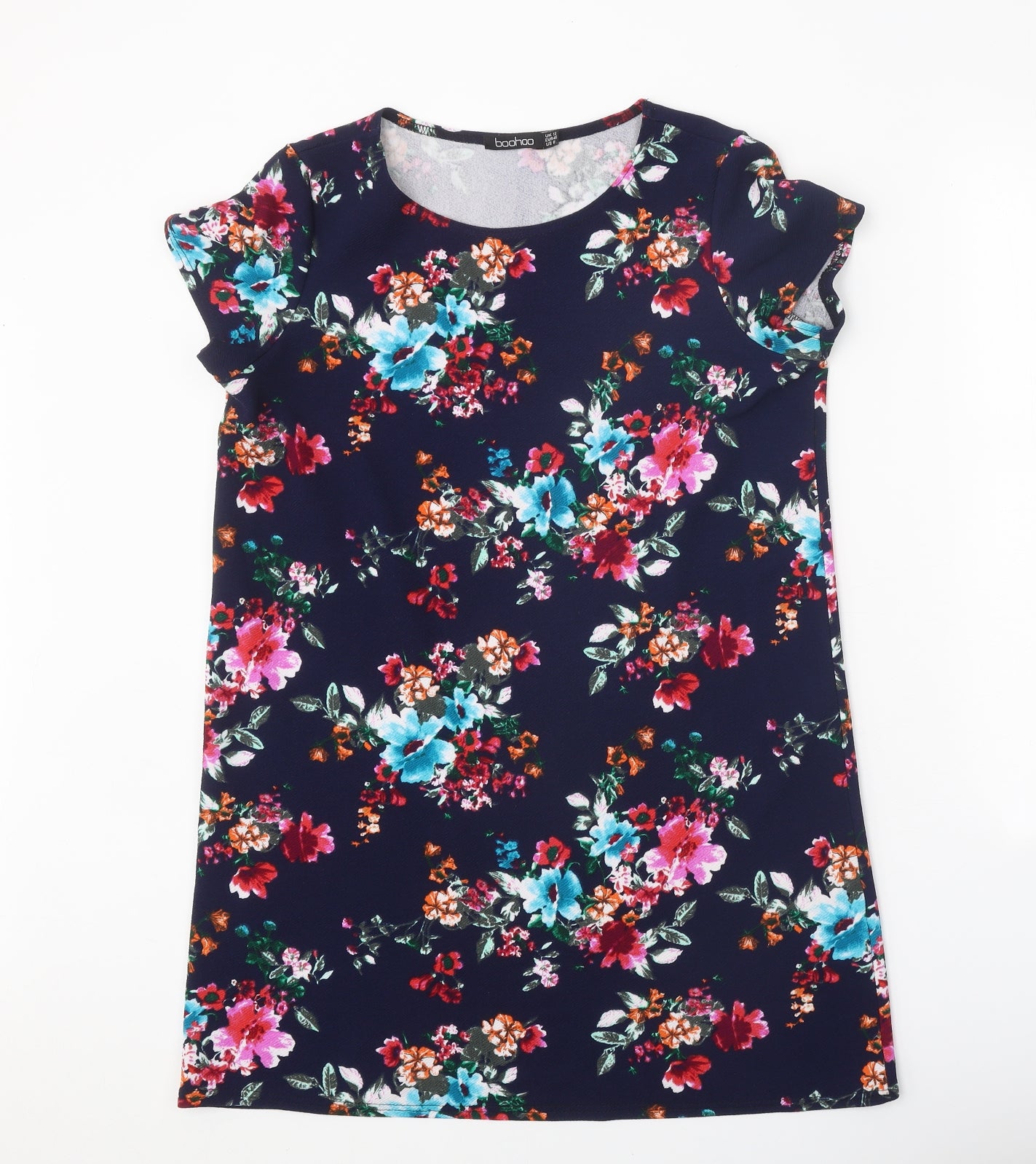 Boohoo Womens Blue Floral Polyester T-Shirt Dress Size 12 Boat Neck Pullover