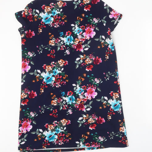 Boohoo Womens Blue Floral Polyester T-Shirt Dress Size 12 Boat Neck Pullover