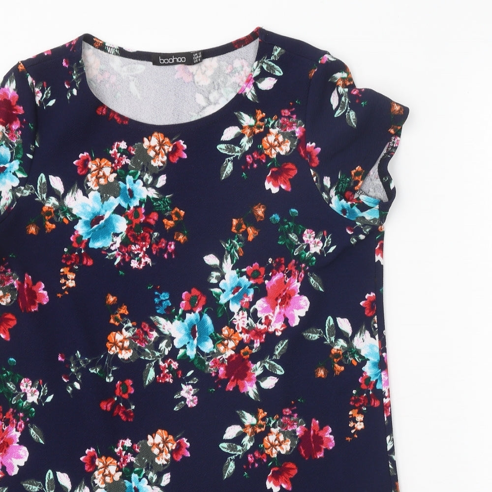 Boohoo Womens Blue Floral Polyester T-Shirt Dress Size 12 Boat Neck Pullover