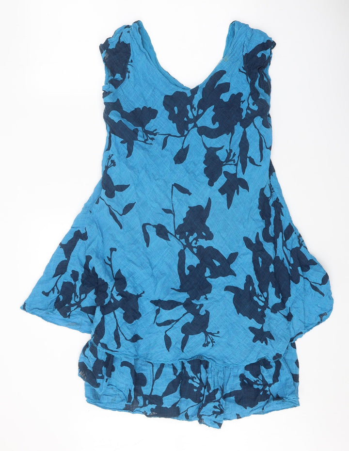 Colette Womens Blue Geometric Linen A-Line One Size V-Neck Pullover