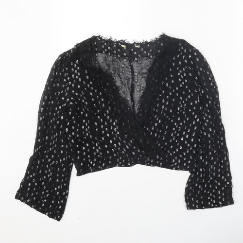 Preworn Womens Black Geometric Viscose Basic Blouse Size 10 V-Neck