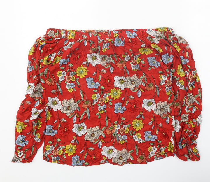 F&F Womens Red Floral Polyester Basic Blouse Size 6 Off the Shoulder