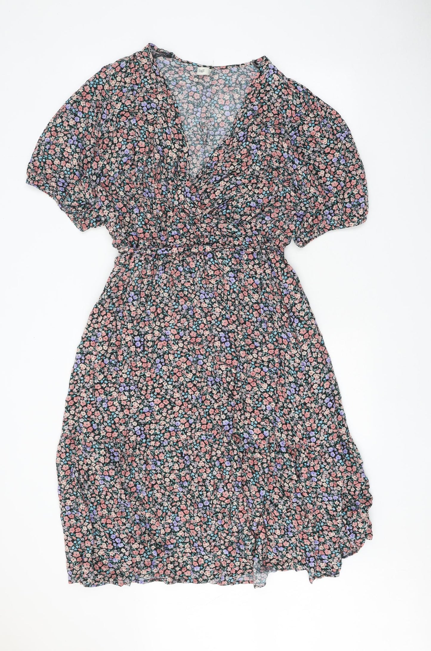 F&F Womens Multicoloured Floral Viscose A-Line Size 22 V-Neck Tie