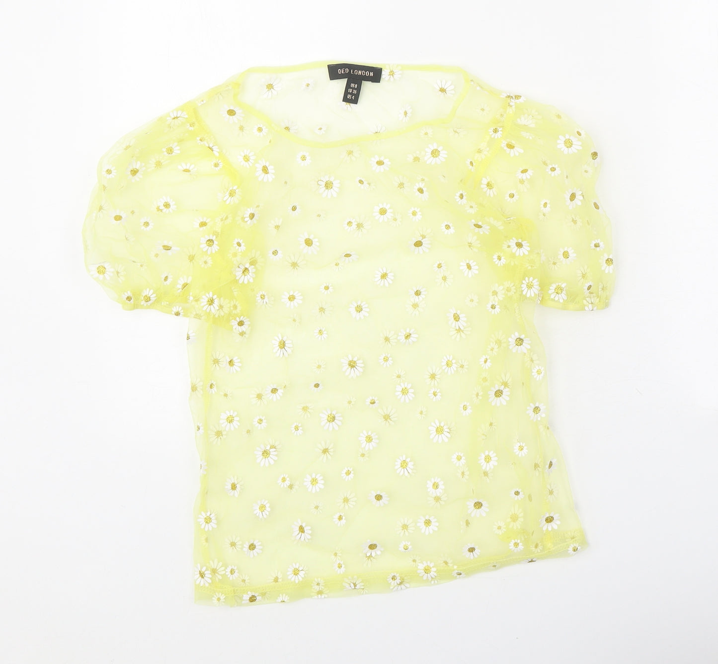 QED London Womens Yellow Floral Polyester Basic T-Shirt Size 8 Round Neck
